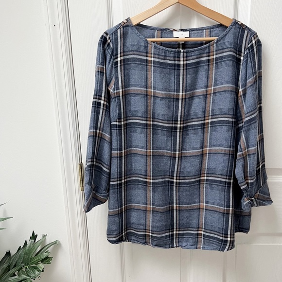 J. Jill Plaid Pullover Top in Blue - Picture 1 of 7